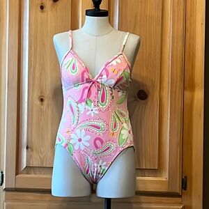 VINTAGE Lilly Pulitzer Pink & Green Daisy Paisley Print One-Piece Swimsuit 10